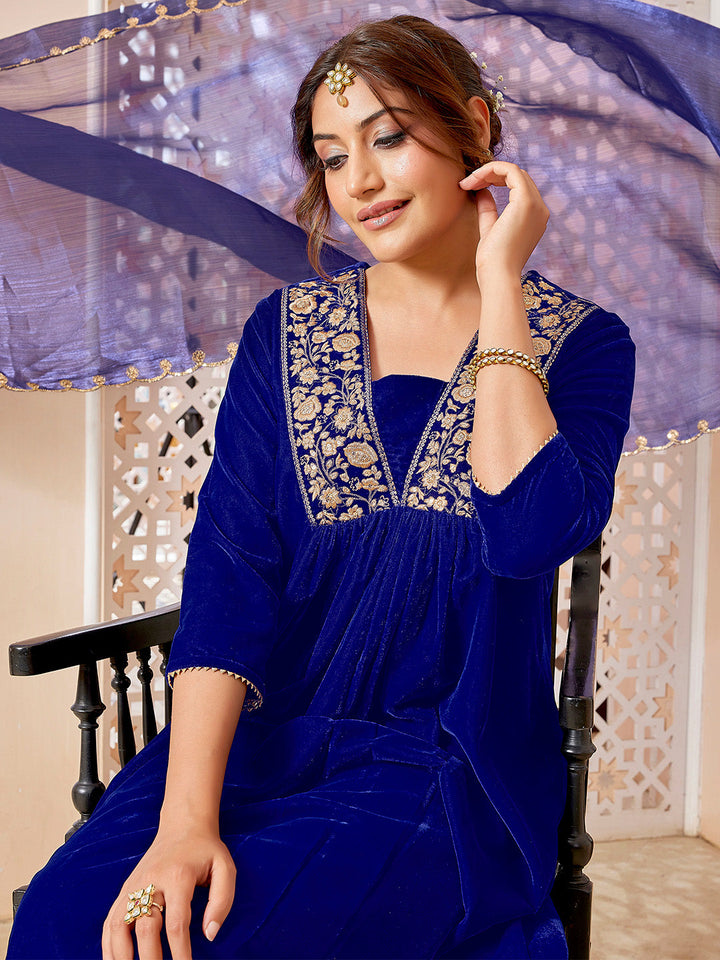 Royal Blue Velvet Zari Embroidered A-Line Kurta with Pant & Dupatta Set  - By Janasya