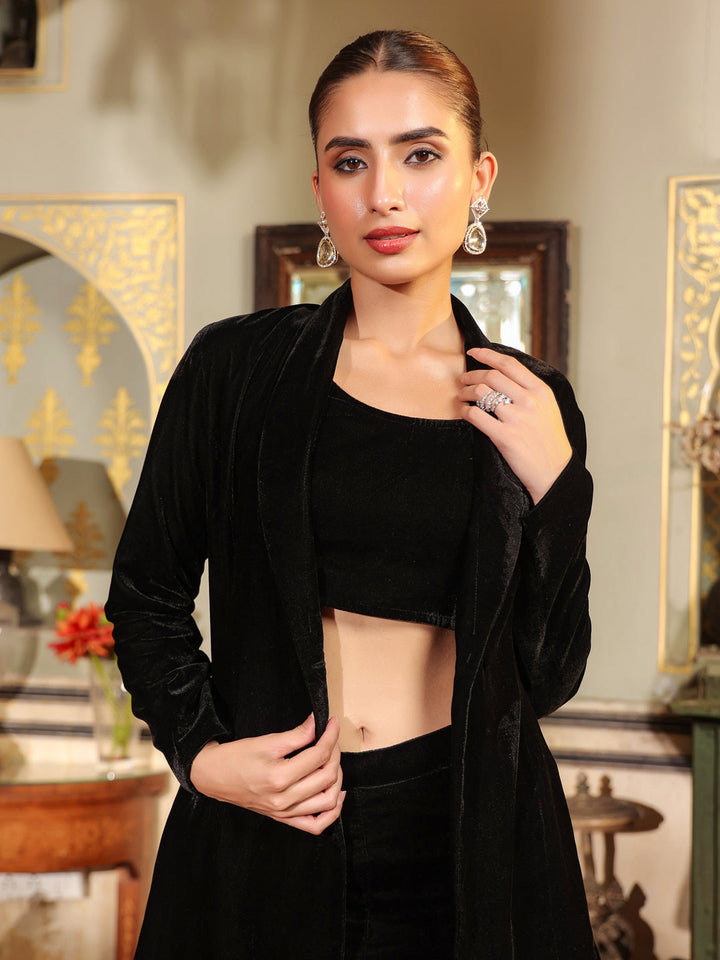 Black Velvet Solid Crop Top with Pant & Jacket Set  - By Janasya