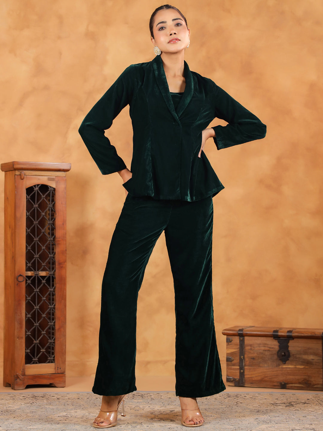 Dark Green Velvet Solid Crop Top with Pant & Jacket Set  - By Janasya