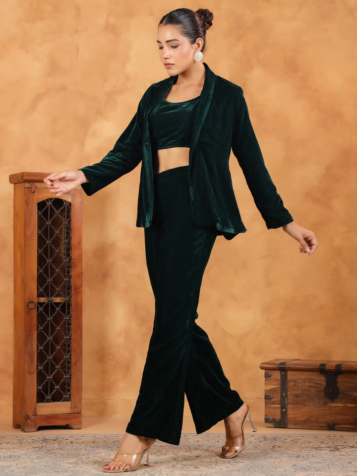 Dark Green Velvet Solid Crop Top with Pant & Jacket Set  - By Janasya