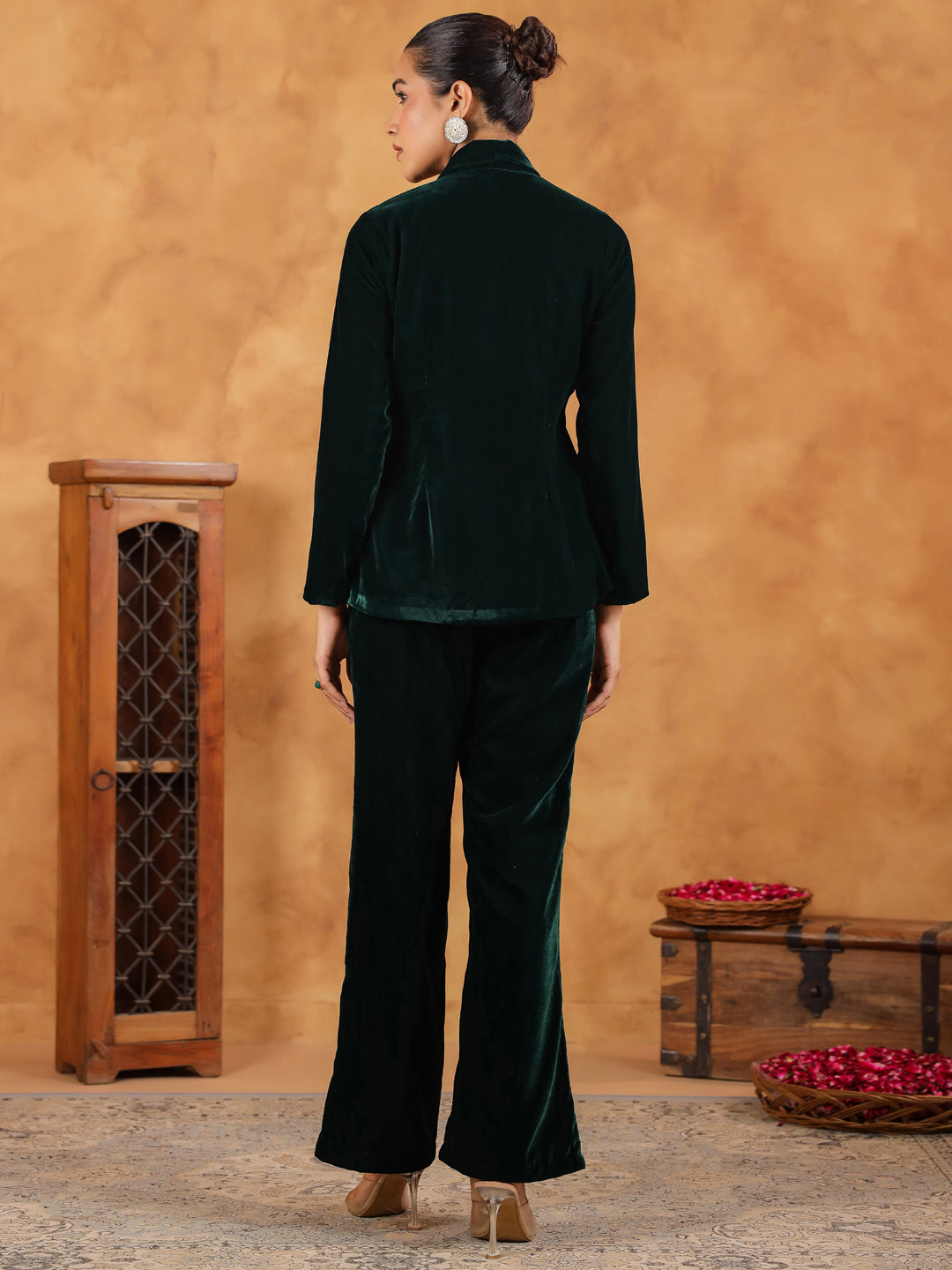 Dark Green Velvet Solid Crop Top with Pant & Jacket Set  - By Janasya