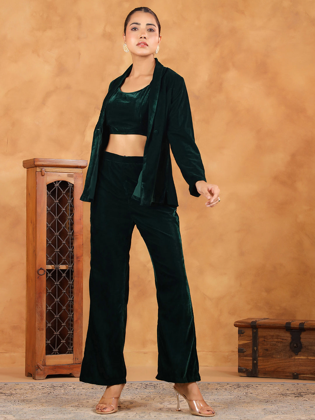 Dark Green Velvet Solid Crop Top with Pant & Jacket Set  - By Janasya