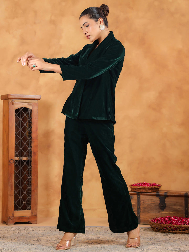 Dark Green Velvet Solid Crop Top with Pant & Jacket Set  - By Janasya