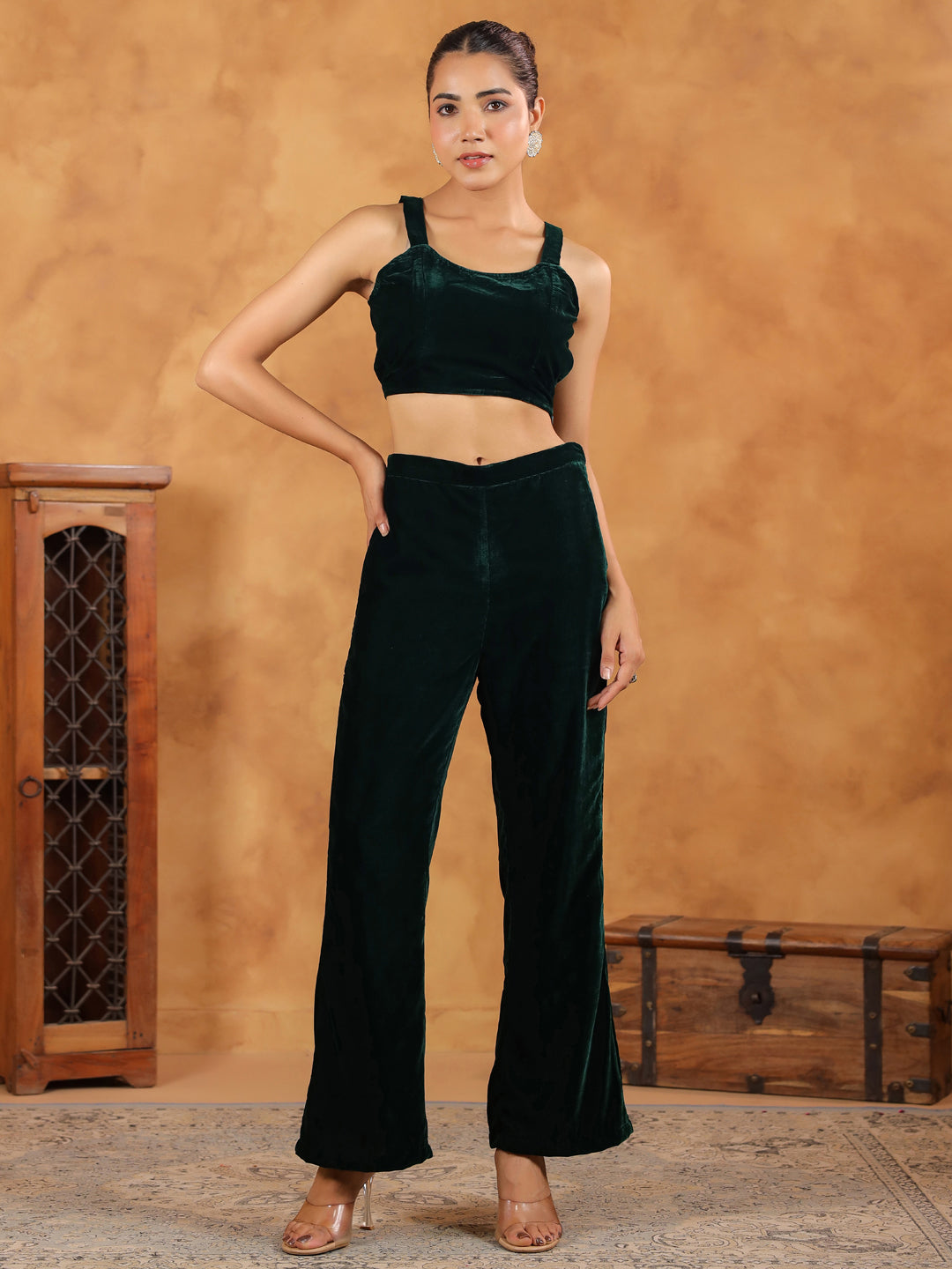 Dark Green Velvet Solid Crop Top with Pant & Jacket Set  - By Janasya