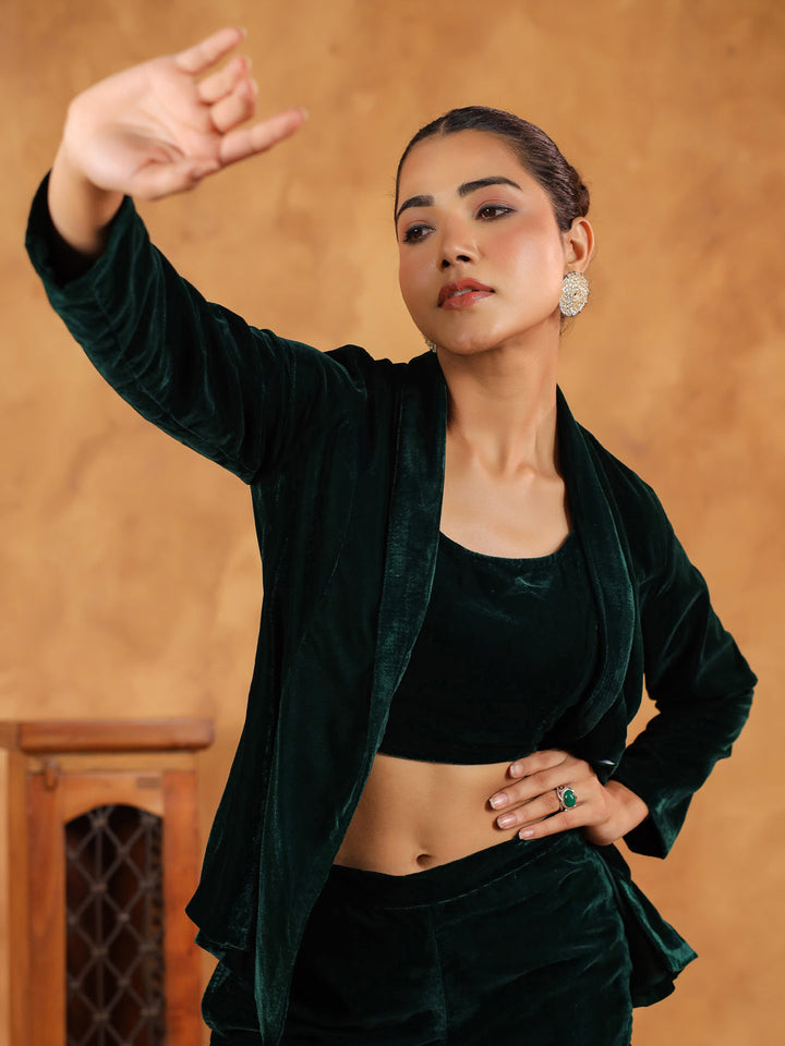 Dark Green Velvet Solid Crop Top with Pant & Jacket Set  - By Janasya