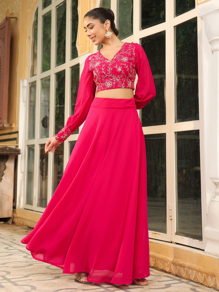 Pink Georgette Embroidered Top With Skirt Set  - By Janasya