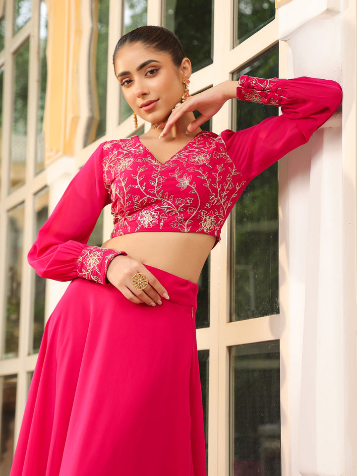 Pink Georgette Embroidered Top With Skirt Set  - By Janasya