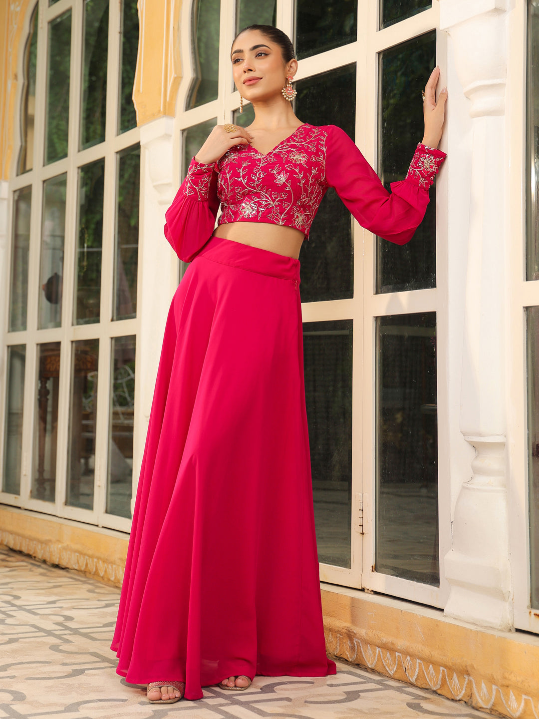 Pink Georgette Embroidered Top With Skirt Set  - By Janasya