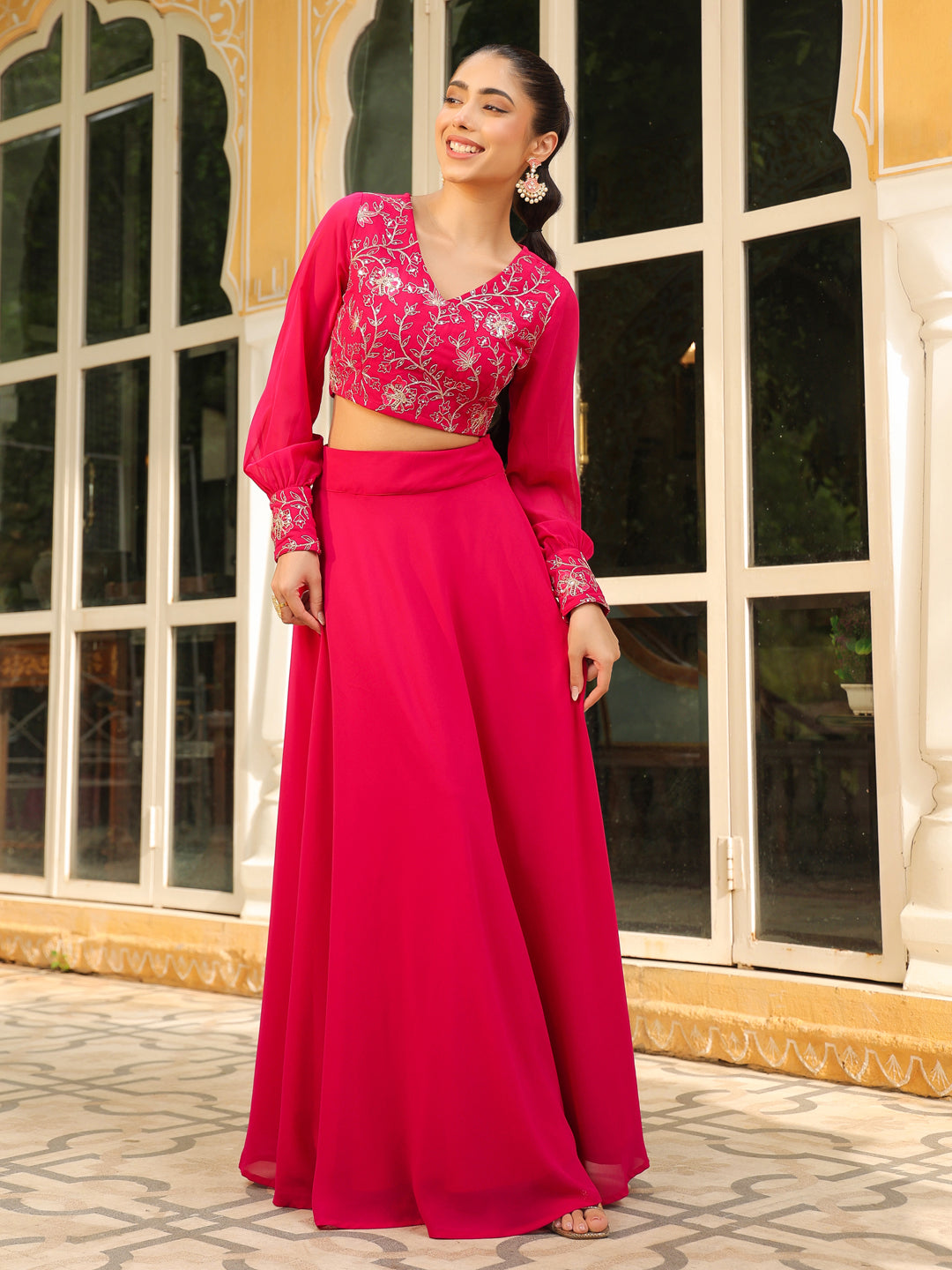 Pink Georgette Embroidered Top With Skirt Set  - By Janasya