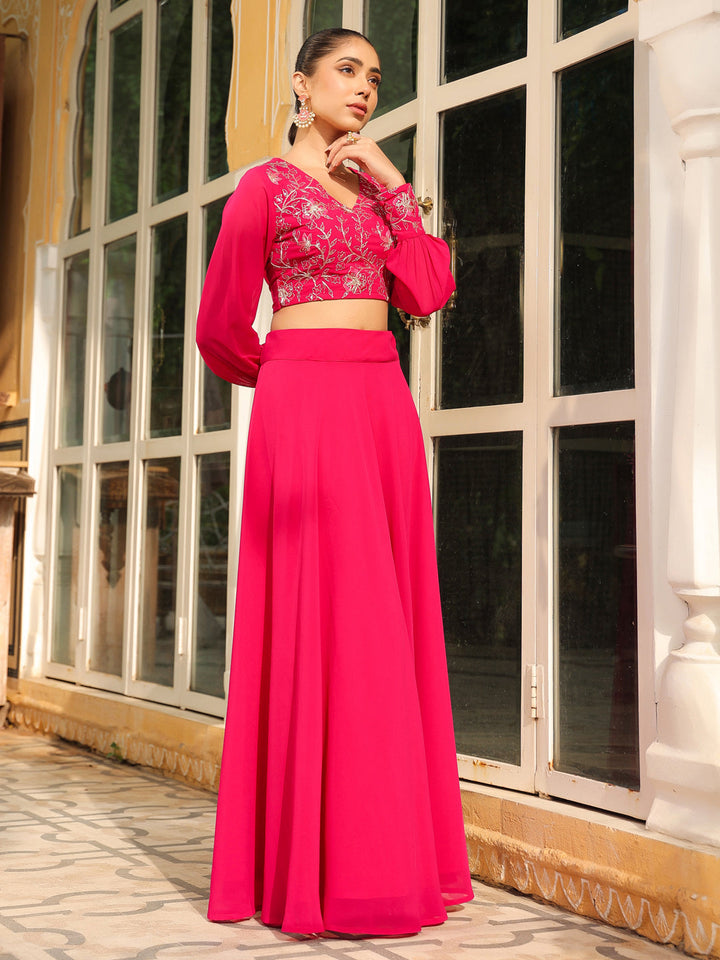 Pink Georgette Embroidered Top With Skirt Set  - By Janasya