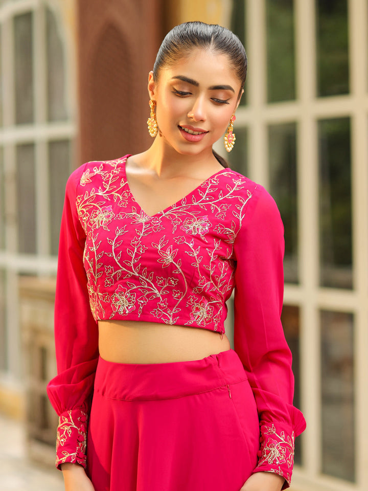 Pink Georgette Embroidered Top With Skirt Set  - By Janasya