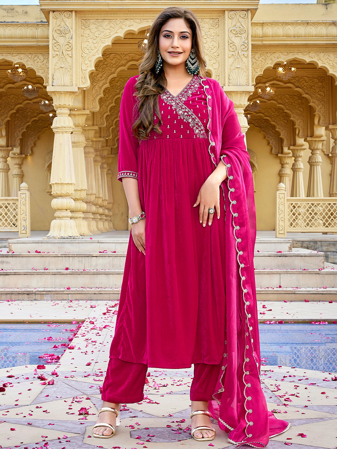 Pink Velvet Zari Embroidered Anarkali Kurta Set  - By Janasya