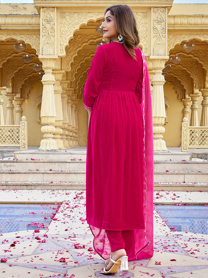 Pink Velvet Zari Embroidered Anarkali Kurta Set  - By Janasya