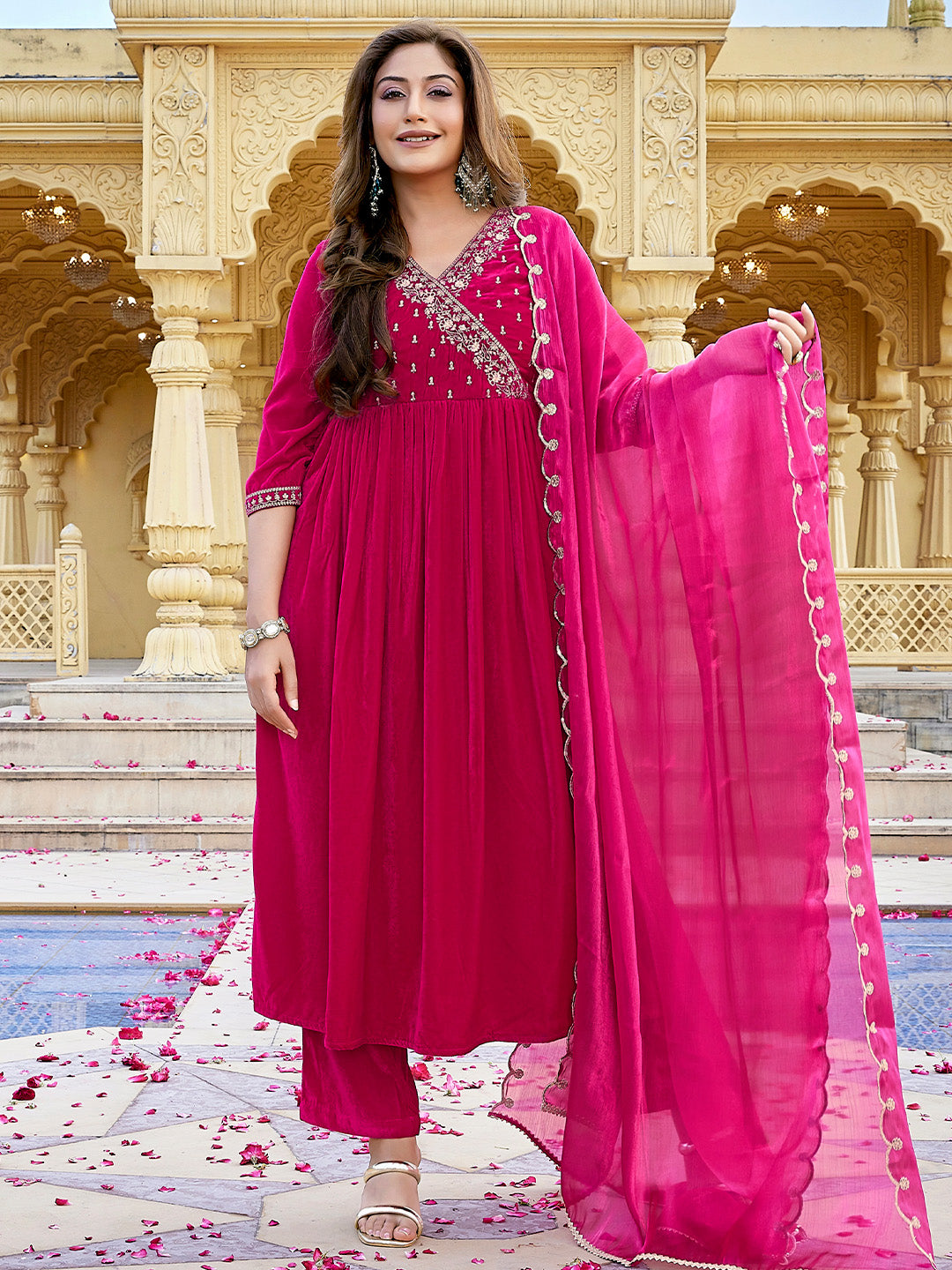 Pink Velvet Zari Embroidered Anarkali Kurta Set  - By Janasya