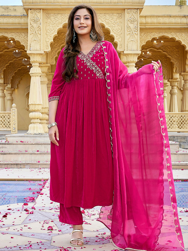 Pink Velvet Zari Embroidered Anarkali Kurta Set  - By Janasya