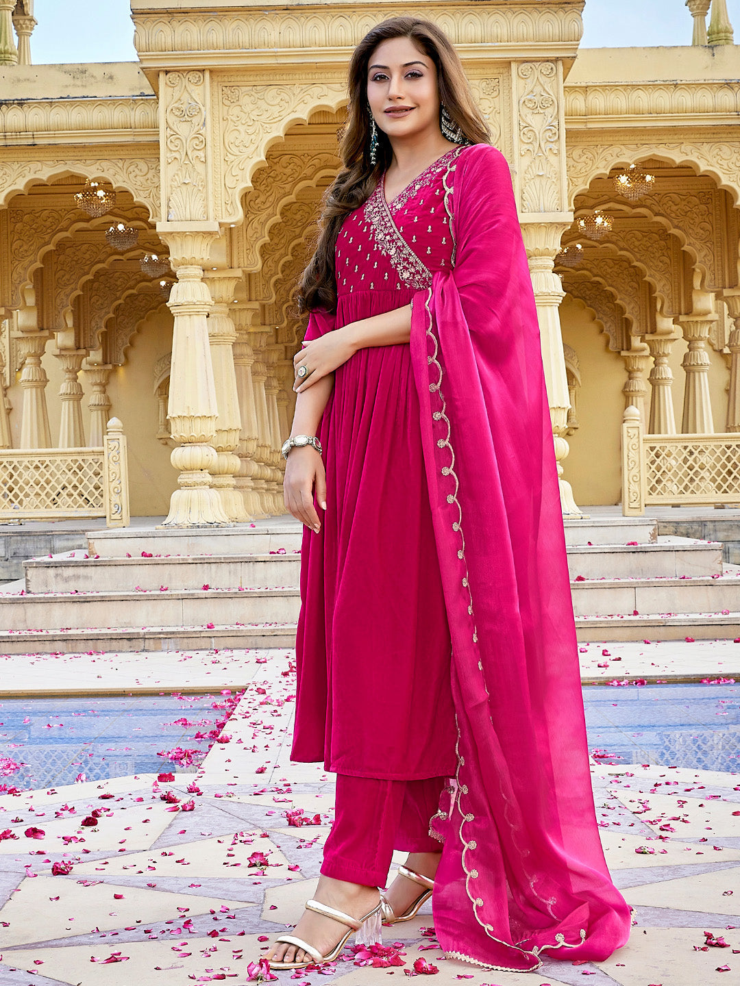 Pink Velvet Zari Embroidered Anarkali Kurta Set  - By Janasya