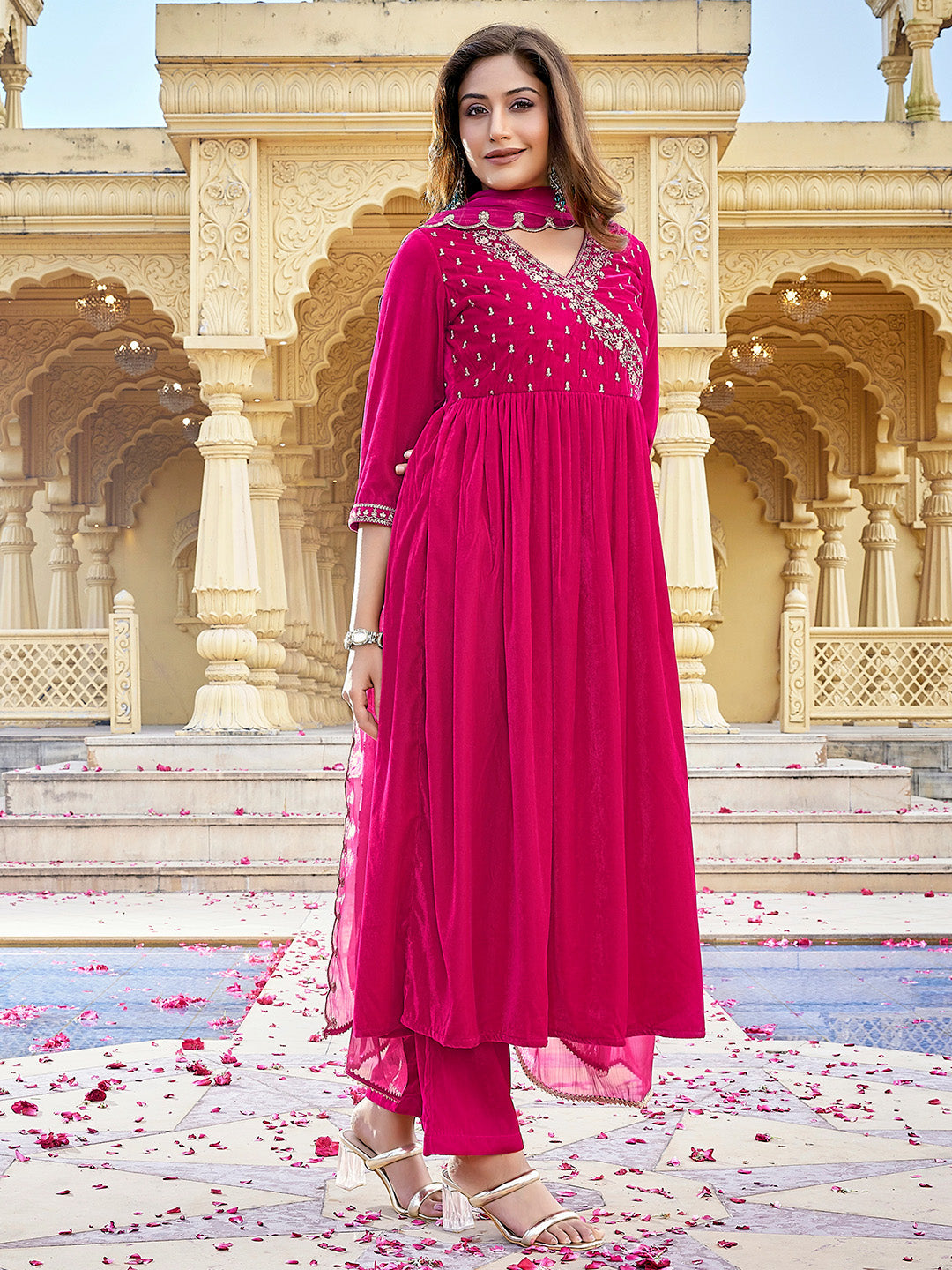 Pink Velvet Zari Embroidered Anarkali Kurta Set  - By Janasya