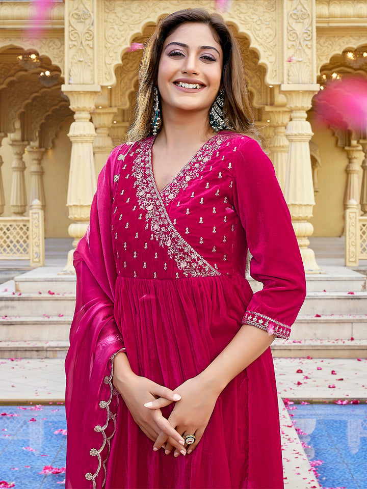 Pink Velvet Zari Embroidered Anarkali Kurta Set  - By Janasya