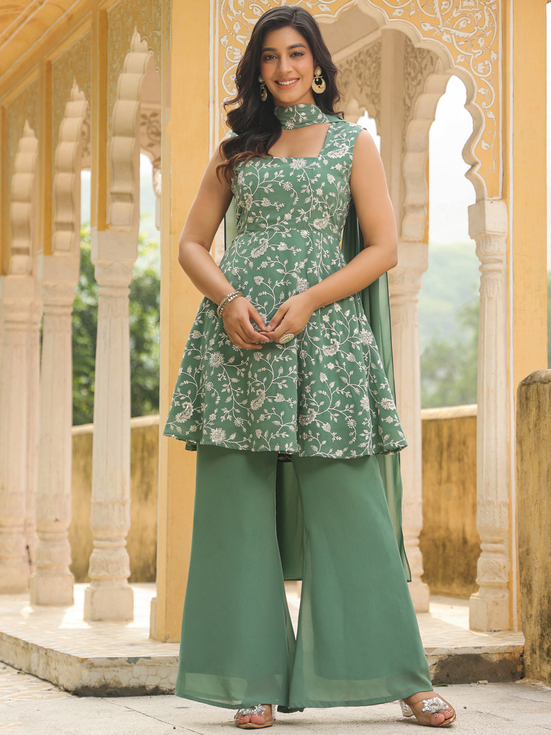 Sage Green Georgette Embroidered A-Line Kurta Set  - By Janasya