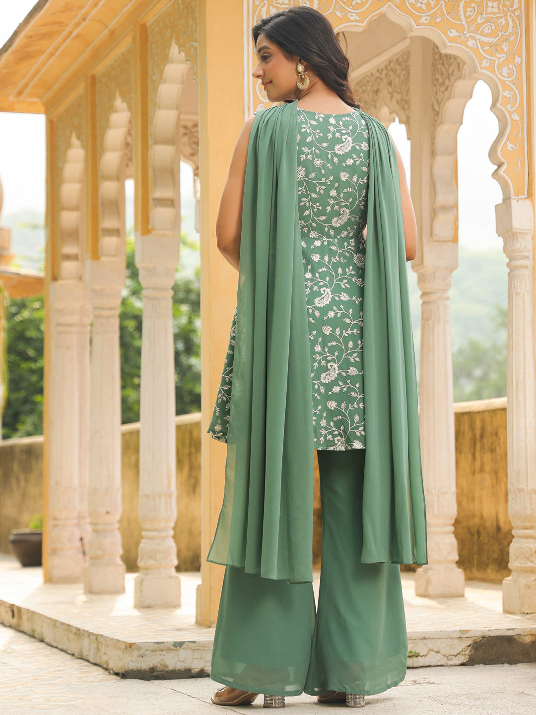 Sage Green Georgette Embroidered A-Line Kurta Set  - By Janasya