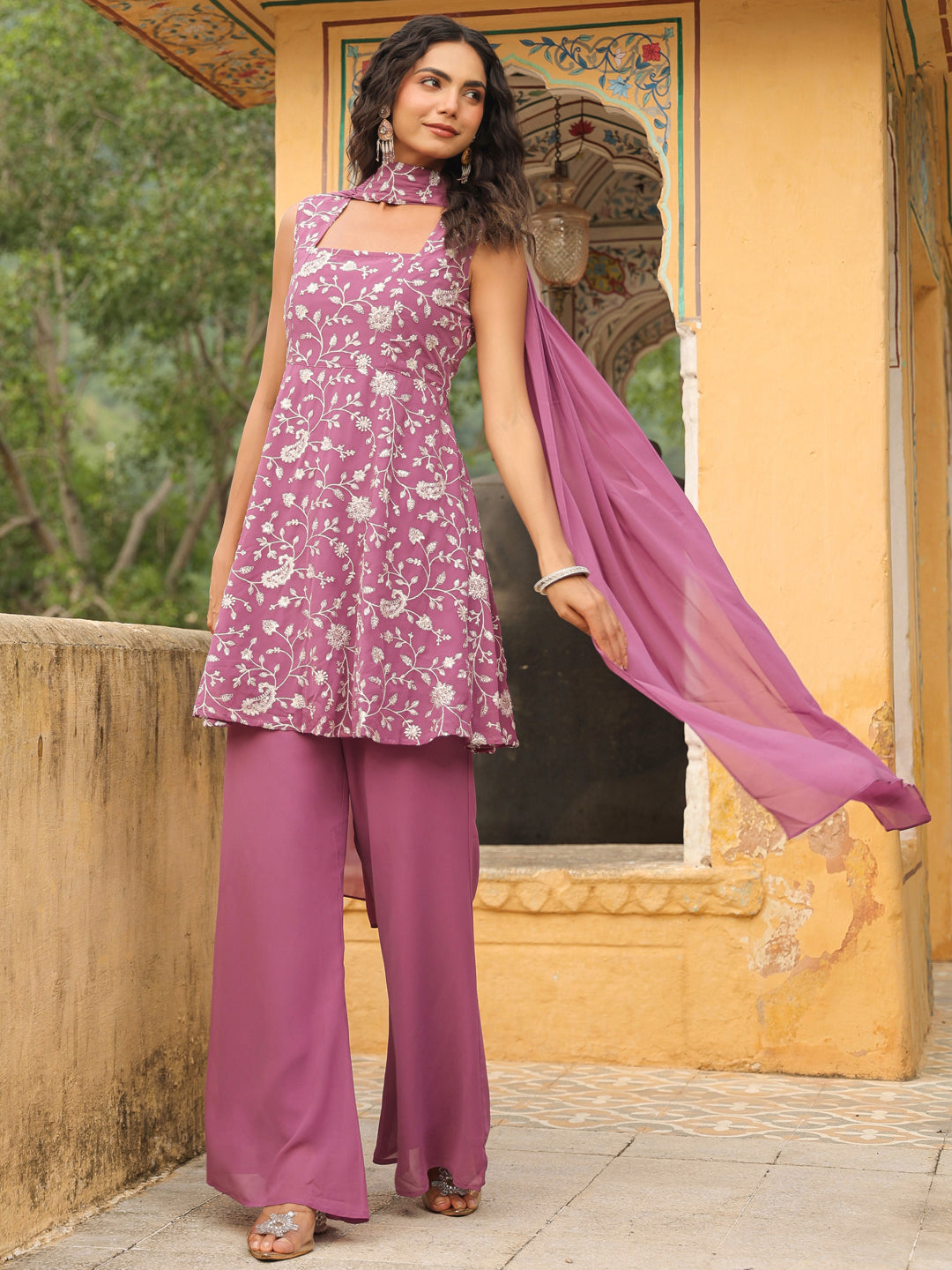 Lavender Georgette Embroidered A-Line Kurta Set  - By Janasya