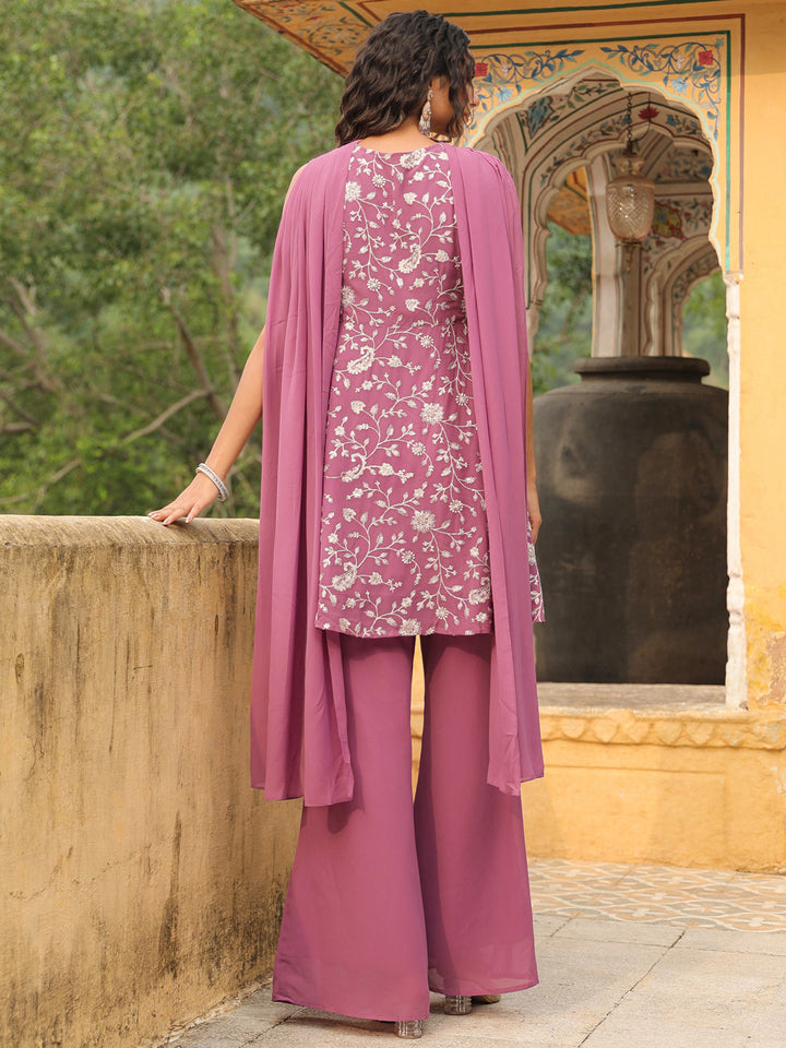 Lavender Georgette Embroidered A-Line Kurta Set  - By Janasya