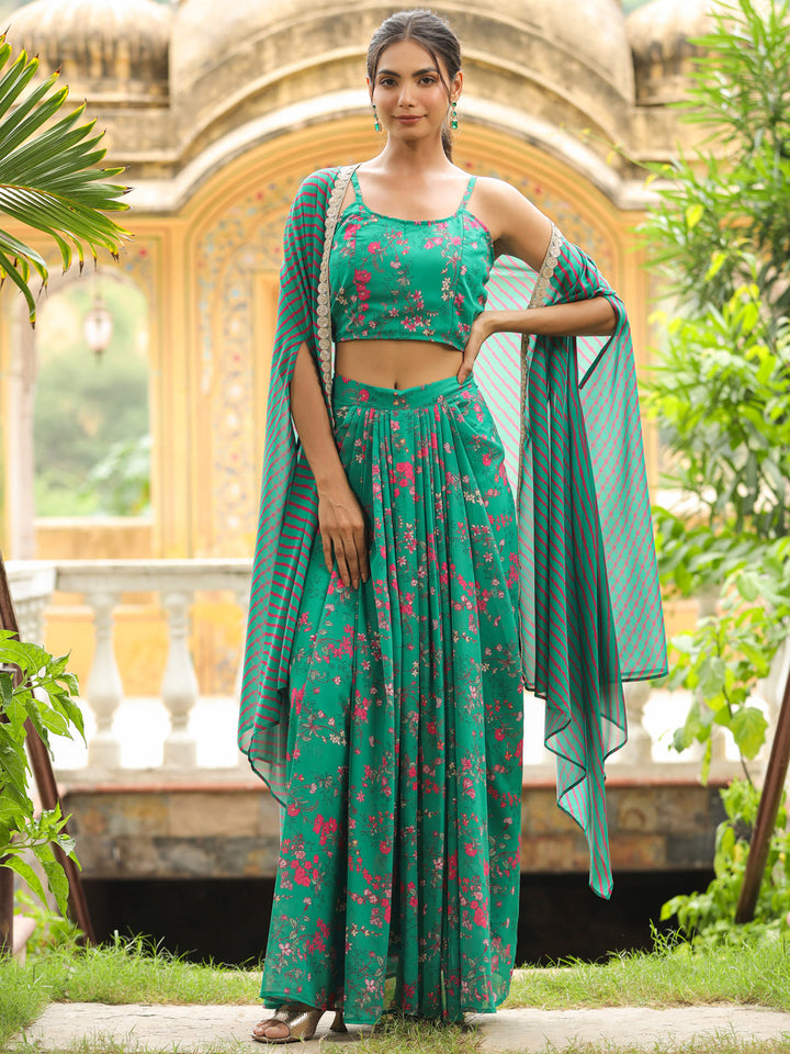 Green Georgette Floral Printed Pleated Skirt With Top & Cape Set  - By Janasya