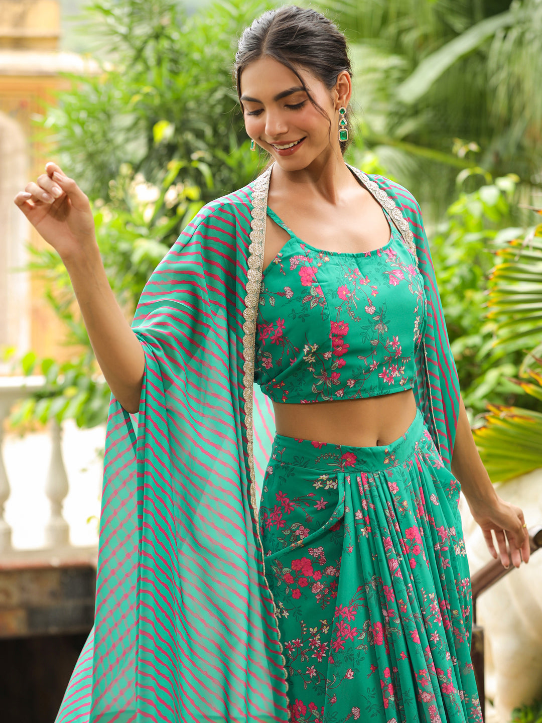 Green Georgette Floral Printed Pleated Skirt With Top & Cape Set  - By Janasya