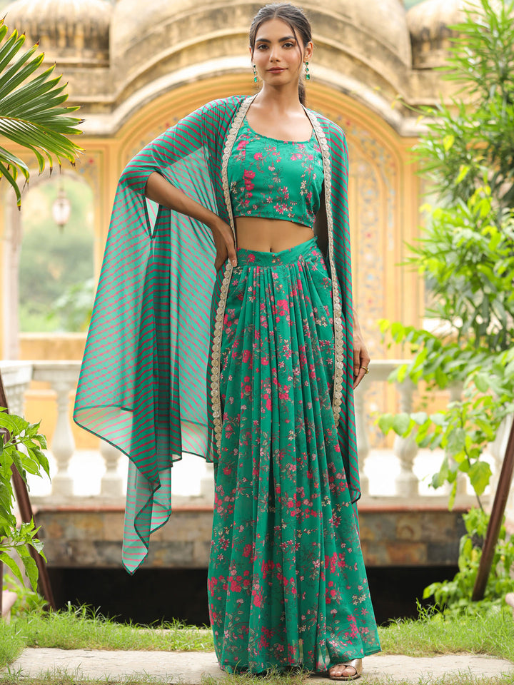 Green Georgette Floral Printed Pleated Skirt With Top & Cape Set  - By Janasya