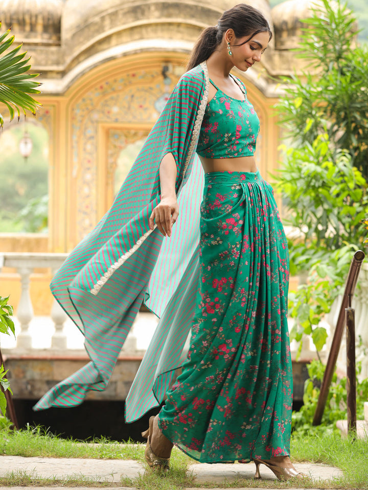 Green Georgette Floral Printed Pleated Skirt With Top & Cape Set  - By Janasya