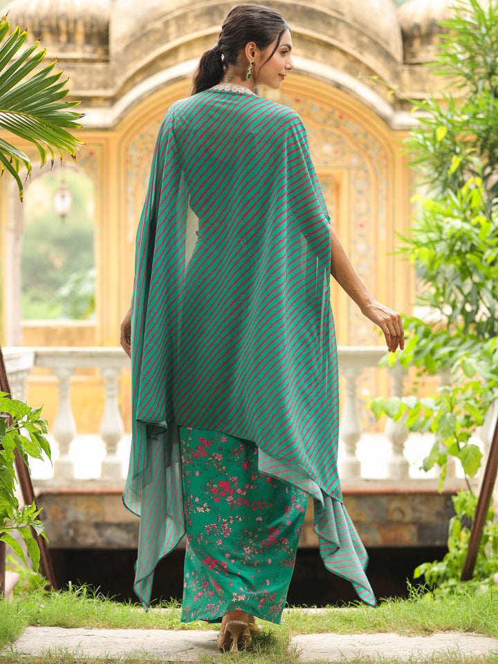 Green Georgette Floral Printed Pleated Skirt With Top & Cape Set  - By Janasya