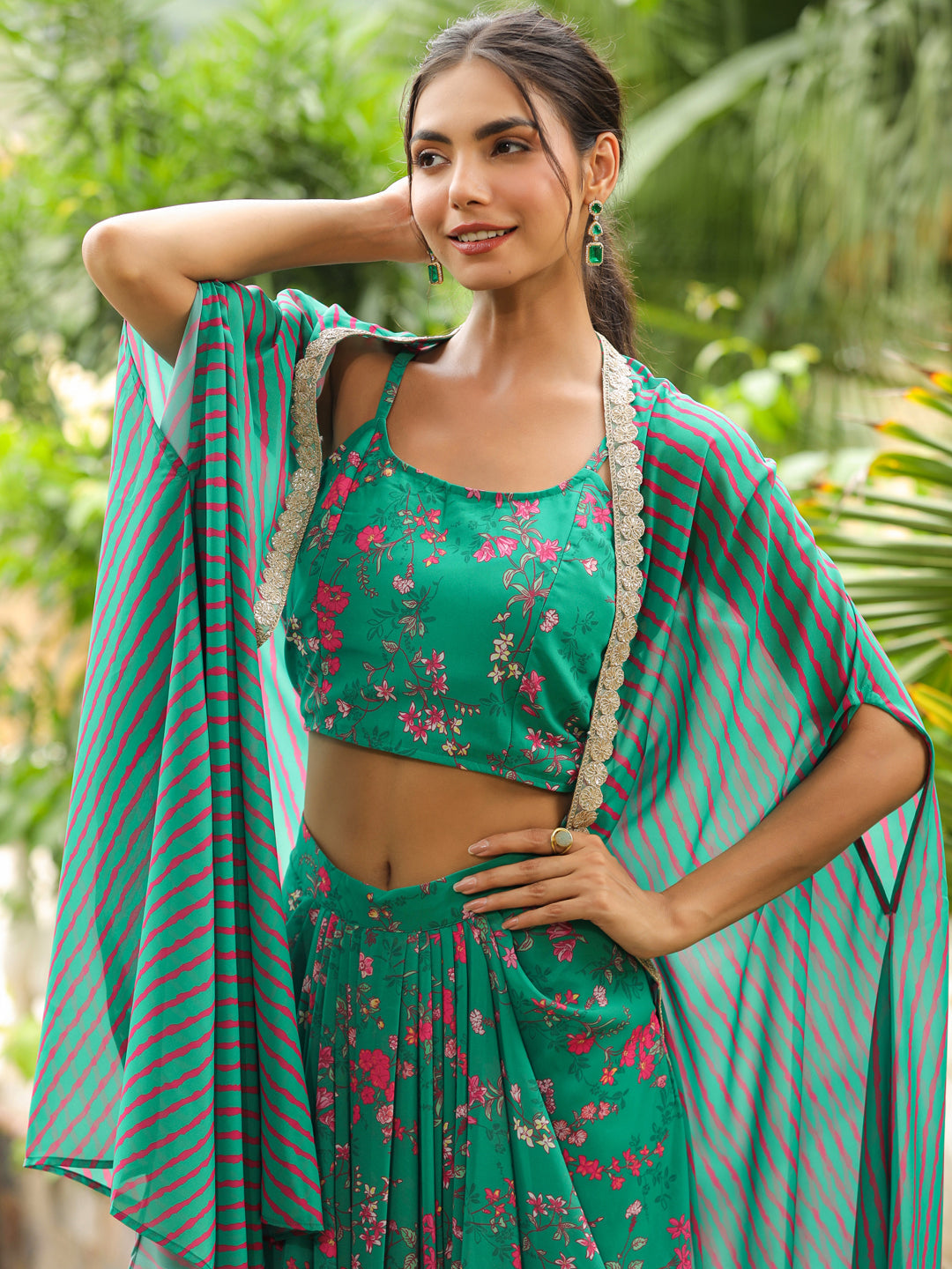 Green Georgette Floral Printed Pleated Skirt With Top & Cape Set  - By Janasya