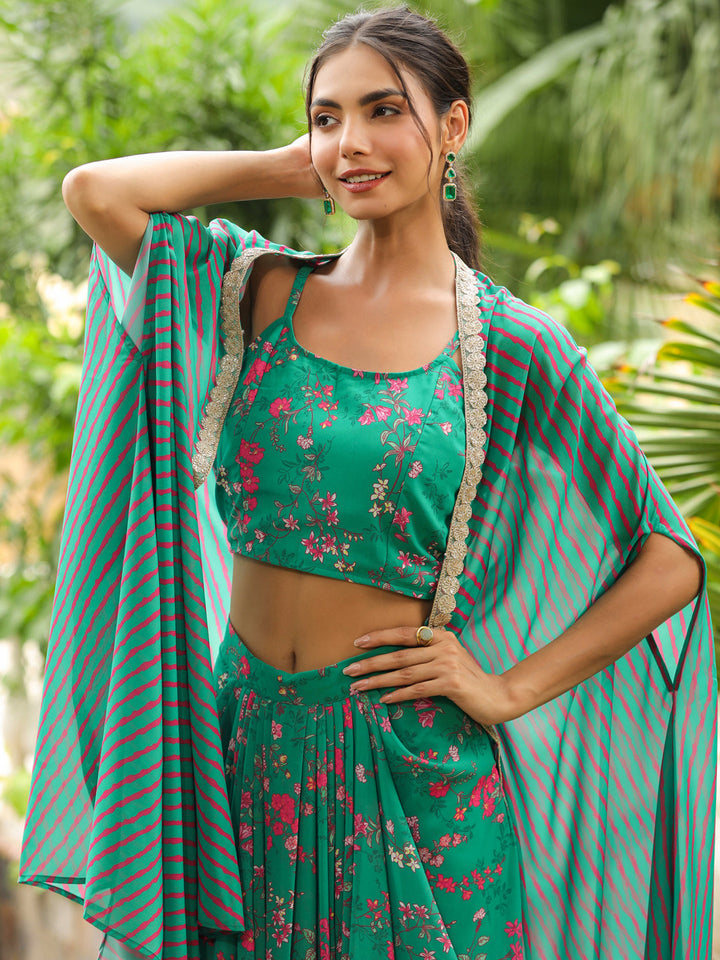 Green Georgette Floral Printed Pleated Skirt With Top & Cape Set  - By Janasya