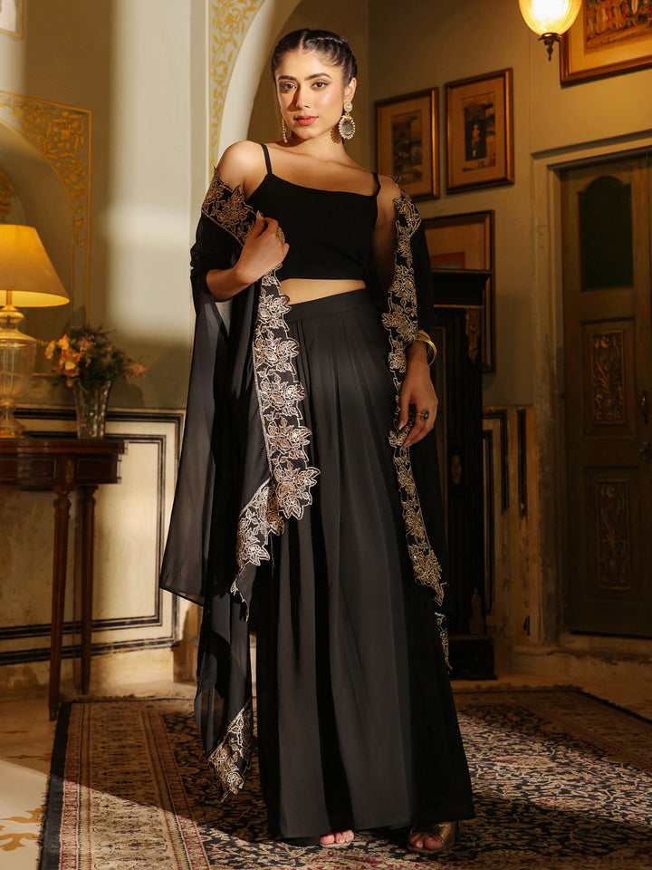 Black Georgette Zari Embroidered Crop Top With Skirt & Cape Set  - By Janasya