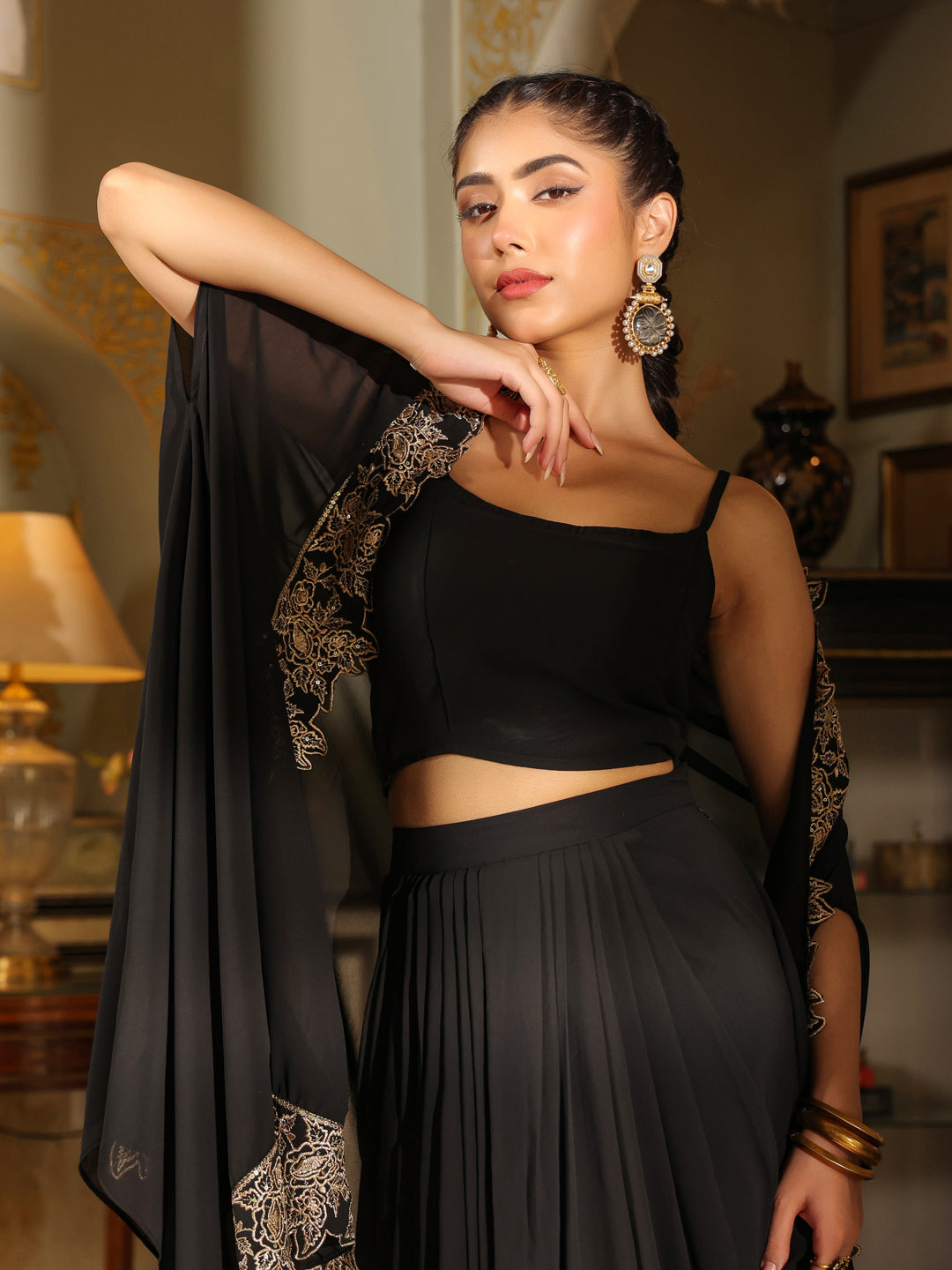 Black Georgette Zari Embroidered Crop Top With Skirt & Cape Set  - By Janasya