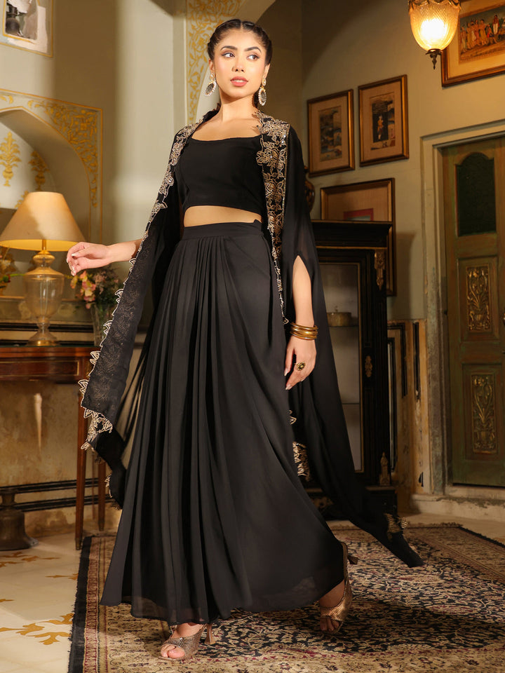 Black Georgette Zari Embroidered Crop Top With Skirt & Cape Set  - By Janasya