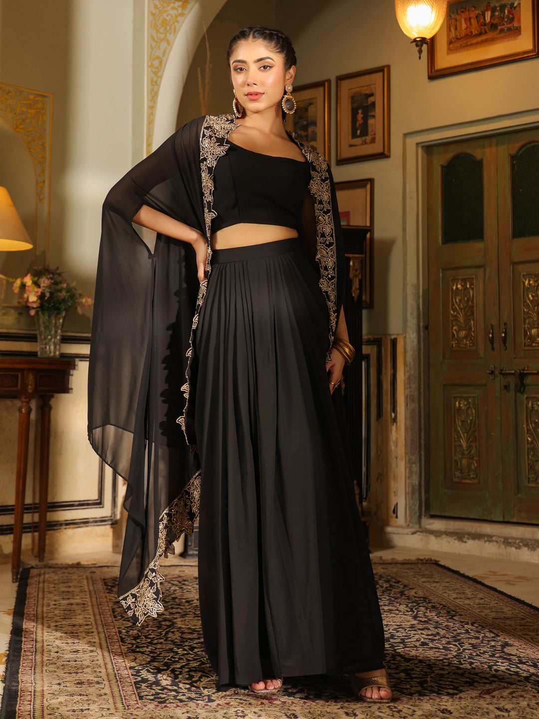 Black Georgette Zari Embroidered Crop Top With Skirt & Cape Set  - By Janasya