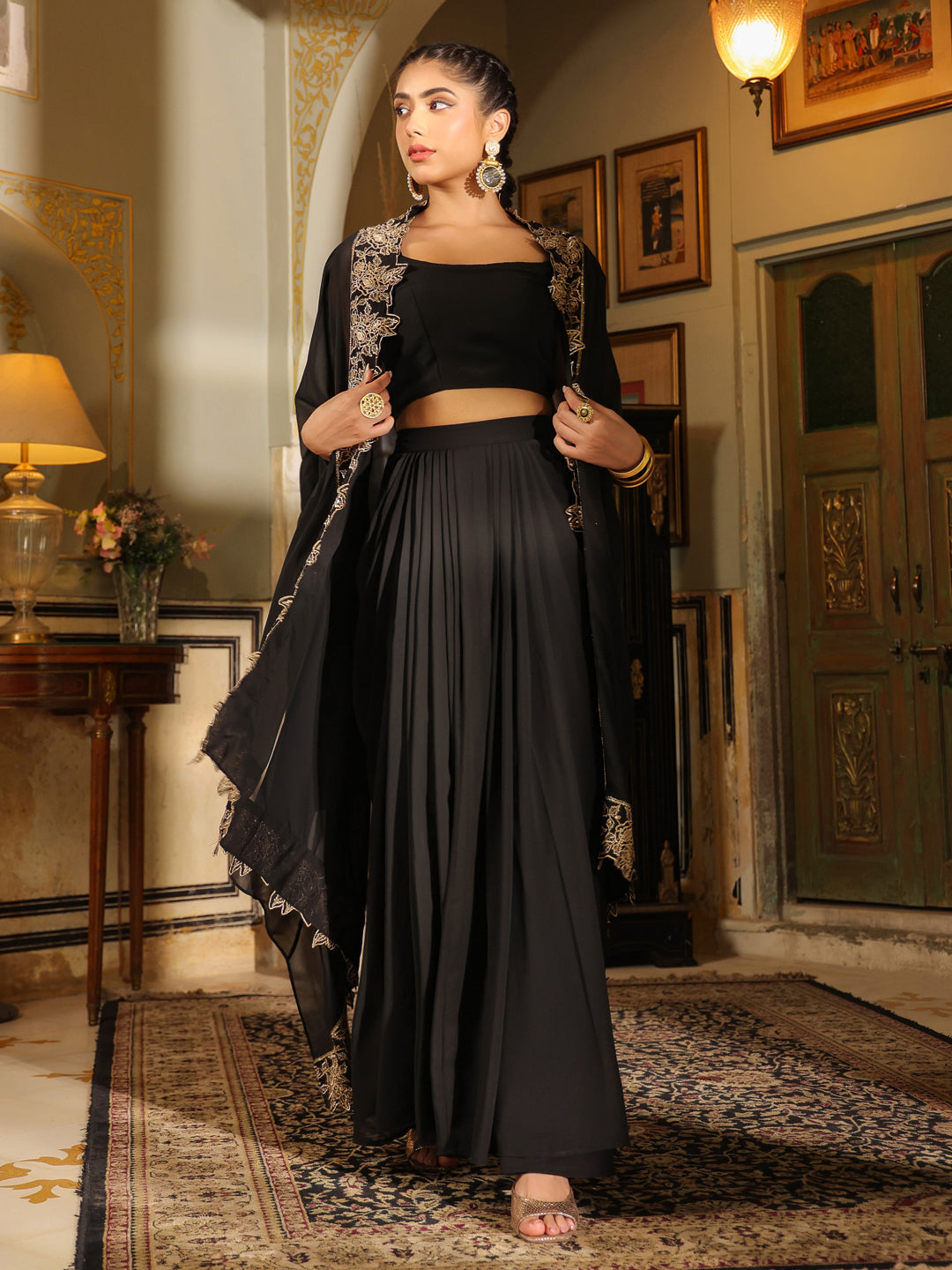 Black Georgette Zari Embroidered Crop Top With Skirt & Cape Set  - By Janasya