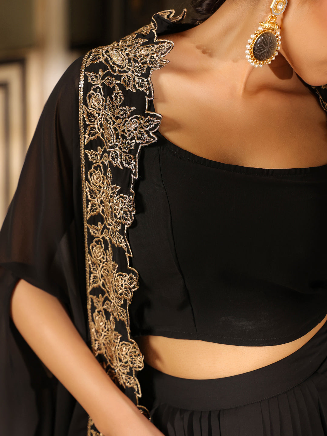 Black Georgette Zari Embroidered Crop Top With Skirt & Cape Set  - By Janasya