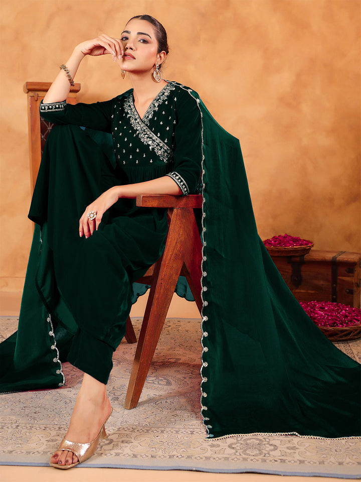 Dark Green Velvet Zari Embroidered Anarkali Kurta Set  - By Janasya