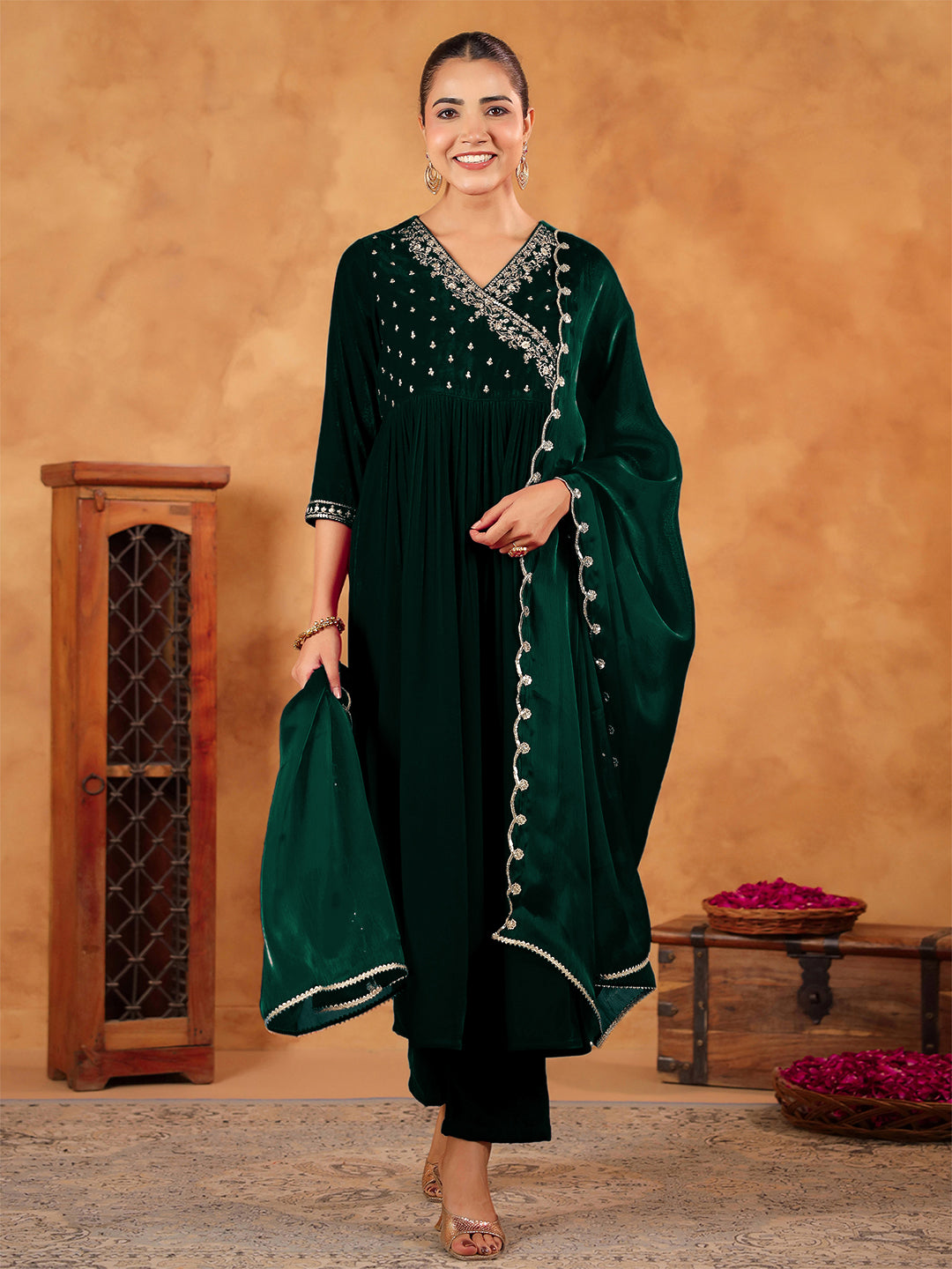 Dark Green Velvet Zari Embroidered Anarkali Kurta Set  - By Janasya