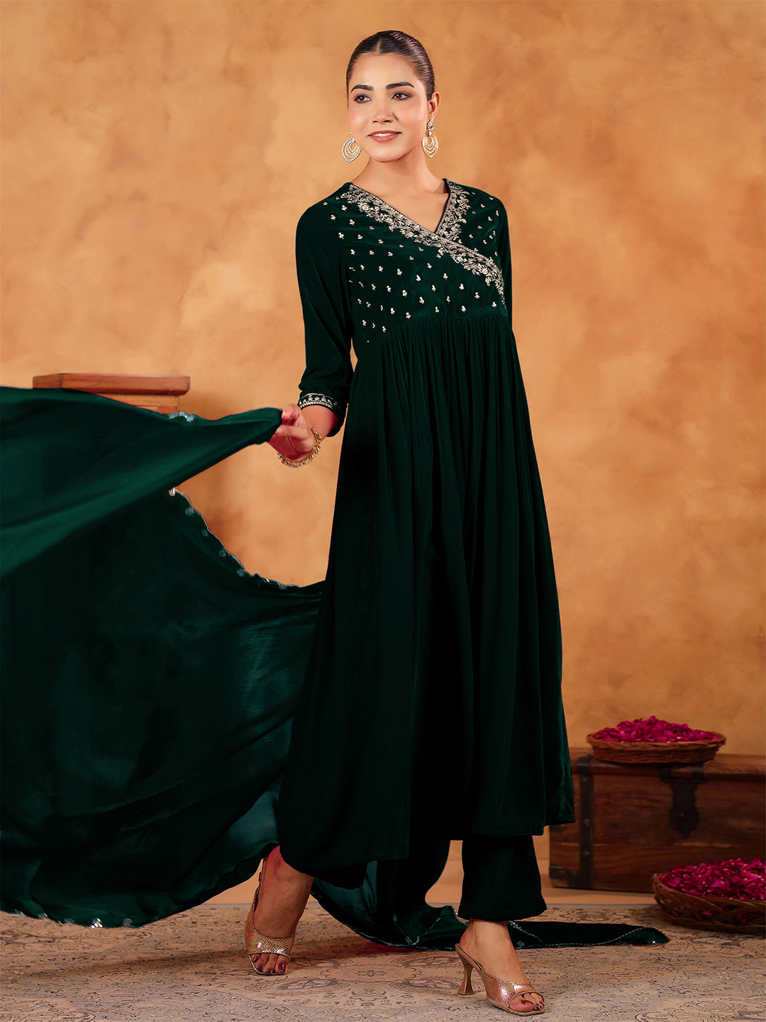 Dark Green Velvet Zari Embroidered Anarkali Kurta Set  - By Janasya