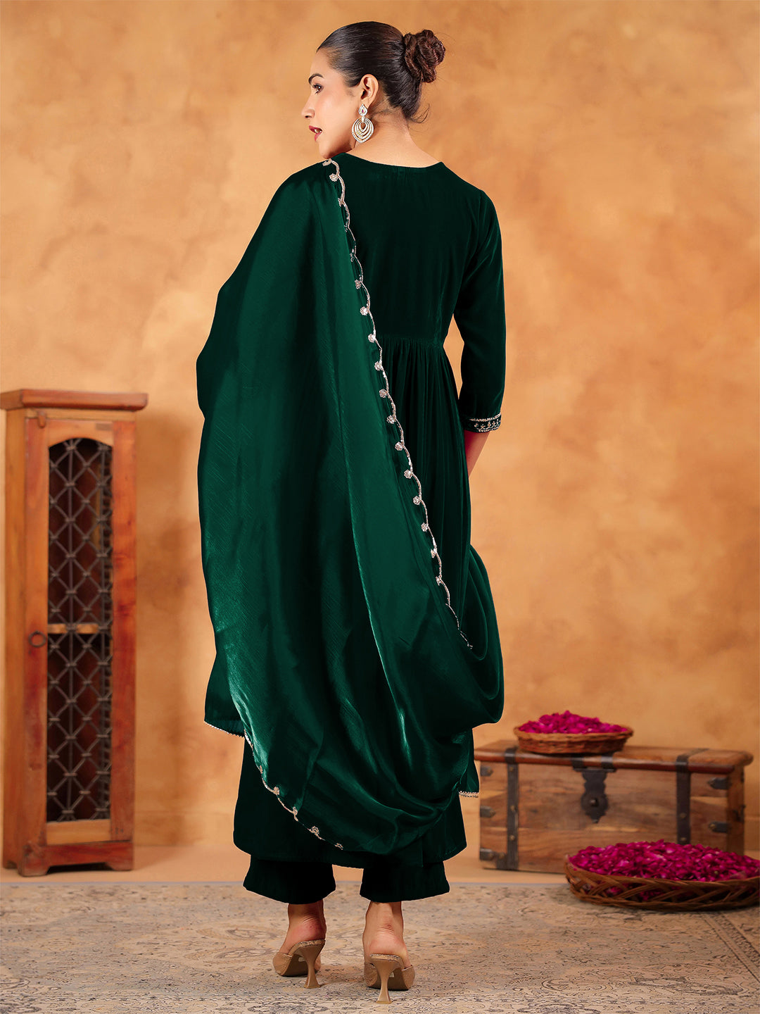 Dark Green Velvet Zari Embroidered Anarkali Kurta Set  - By Janasya