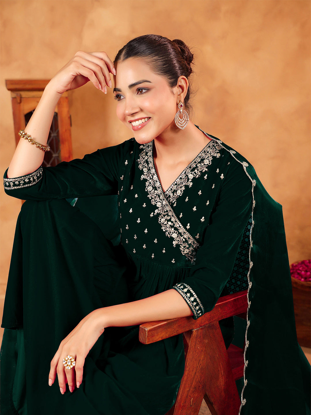 Dark Green Velvet Zari Embroidered Anarkali Kurta Set  - By Janasya