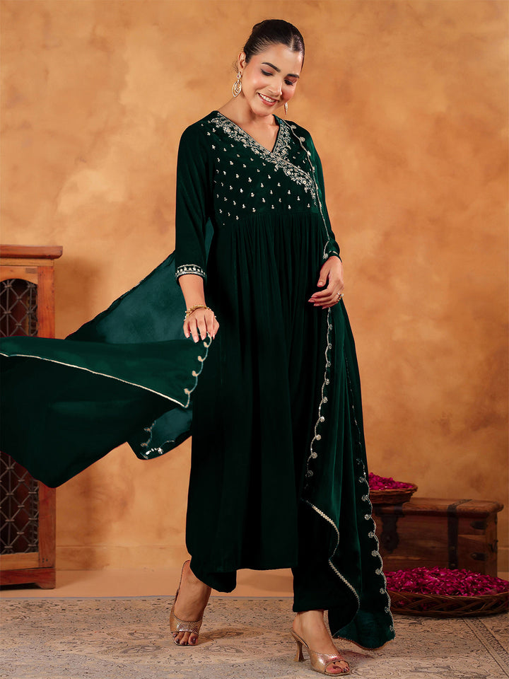 Dark Green Velvet Zari Embroidered Anarkali Kurta Set  - By Janasya