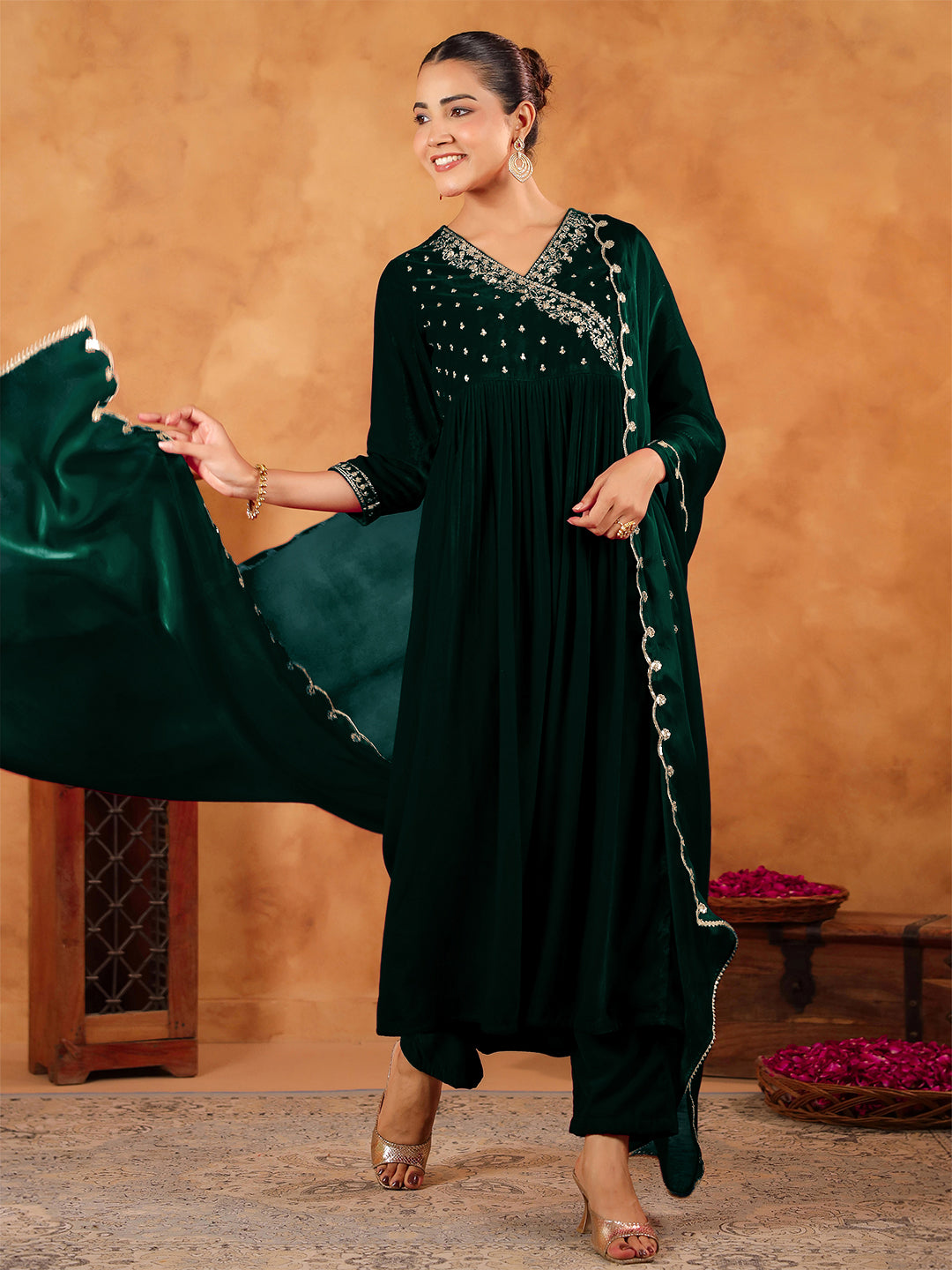 Dark Green Velvet Zari Embroidered Anarkali Kurta Set  - By Janasya