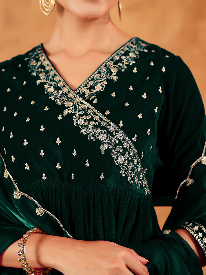 Dark Green Velvet Zari Embroidered Anarkali Kurta Set  - By Janasya