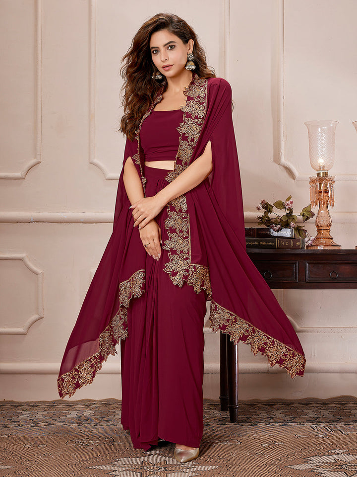 Maroon Georgette Zari Embroidered Crop Top With Skirt & Cape Set  - By Janasya