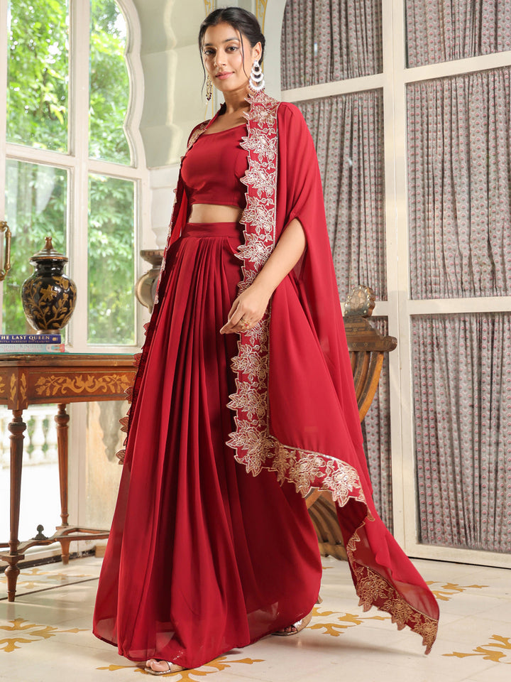 Maroon Georgette Zari Embroidered Crop Top With Skirt & Cape Set  - By Janasya