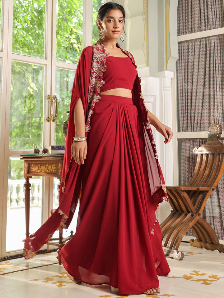 Maroon Georgette Zari Embroidered Crop Top With Skirt & Cape Set  - By Janasya